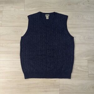 LL Bean Lambswool Cable Knit Fisherman Sweater Vest Mens Tall XL Navy Nylon